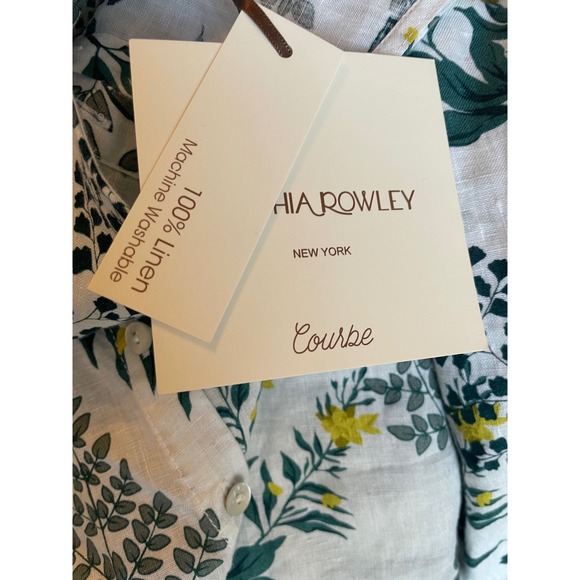 Cynthia Rowley 1X Linen Floral Button Roll Tab Tunic Top White Green Yellow - Picture 7 of 8